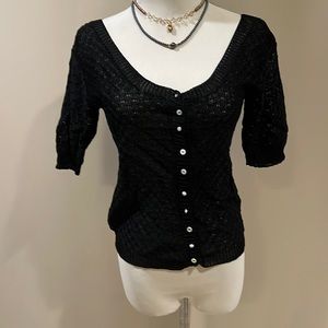 Elaris. Black Pointelle Button Down Knit Top   S